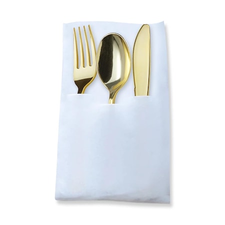 Smarty Had A Party Gold Plastic Cutlery White Pocket Napkin Set - Napkins, Forks, Knives, Spoons (70 Guests), 280PK 770-G-CASE